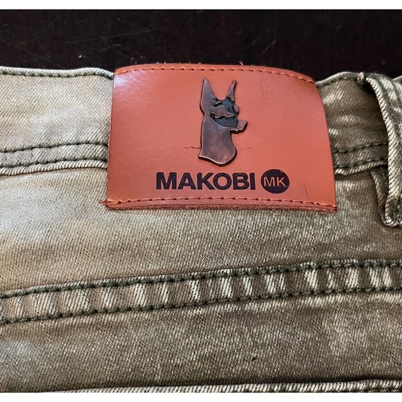 Makobi Jeans Mens 36x32 Olive Green Distressed Moto Zipper Pockets Style M1794 - Picture 8 of 13